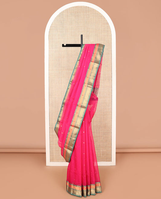 Pink  motifs chanderi cotton saree with contrast zari design border & striped, floral design pallu