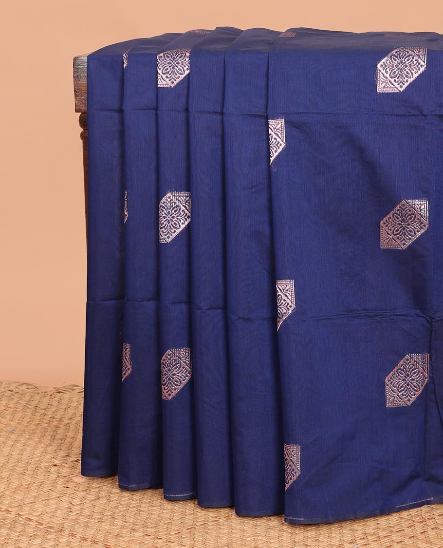 Borderless royal blue zari buttas woven semi-silk cotton saree, zari-rich jaal design pallu