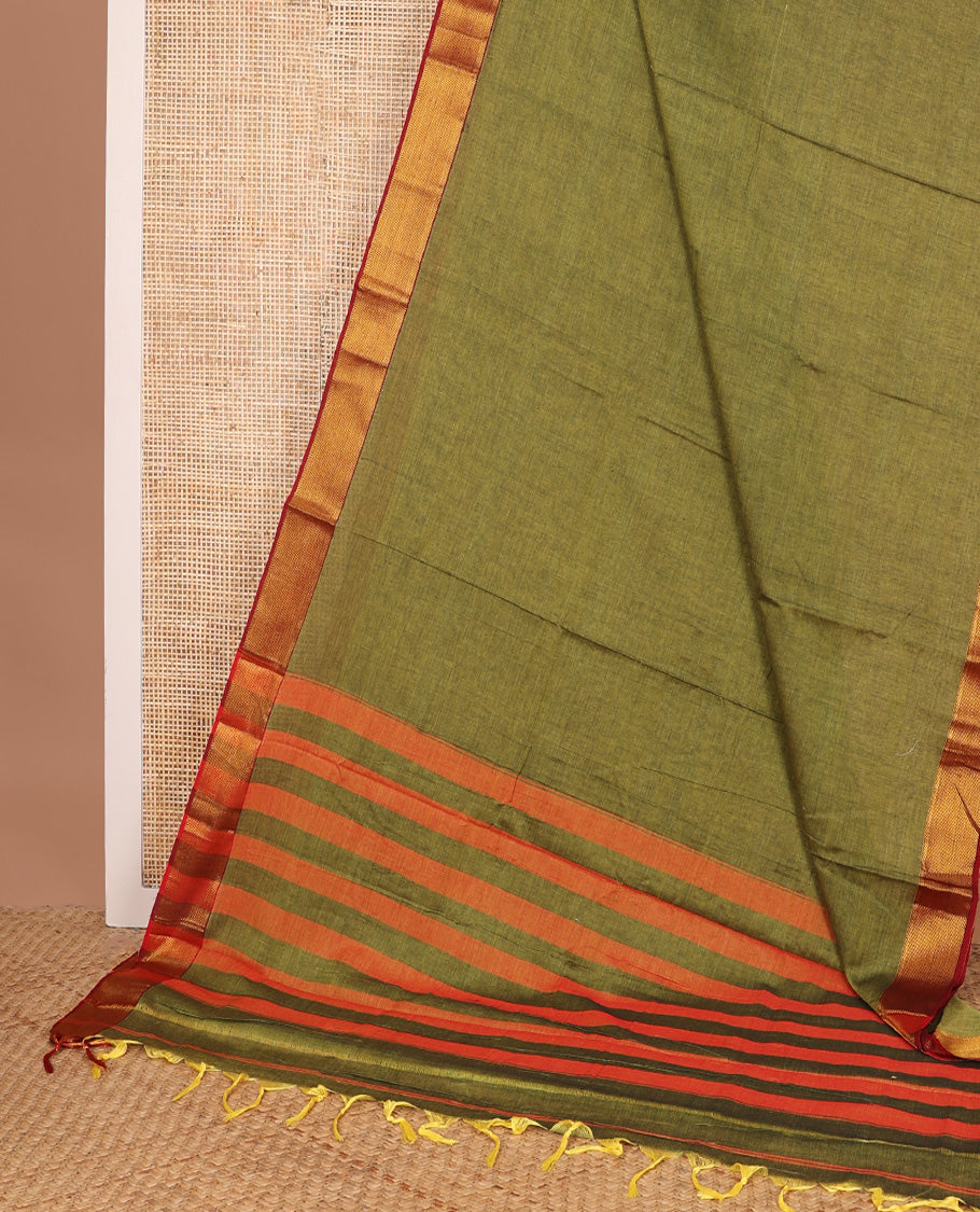 Green plain Narayanapet cotton saree, contrast zari border, and striped pallu