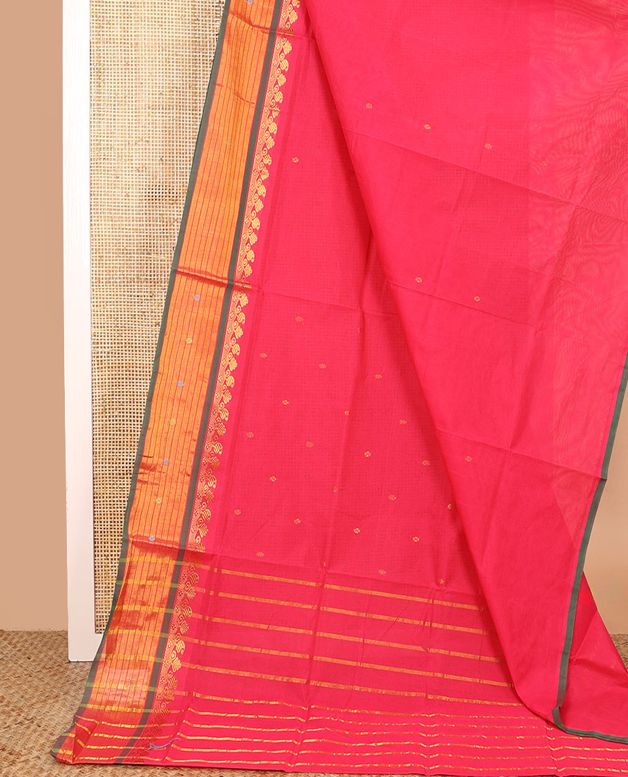 Pink zari buttas Venkatagiri cotton saree, contrast zari border and pallu of stripes