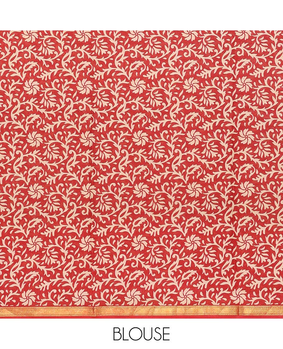 Orange unique motifs printed mul mul cotton saree, contrast floral vine printed border, and pallu of floral print