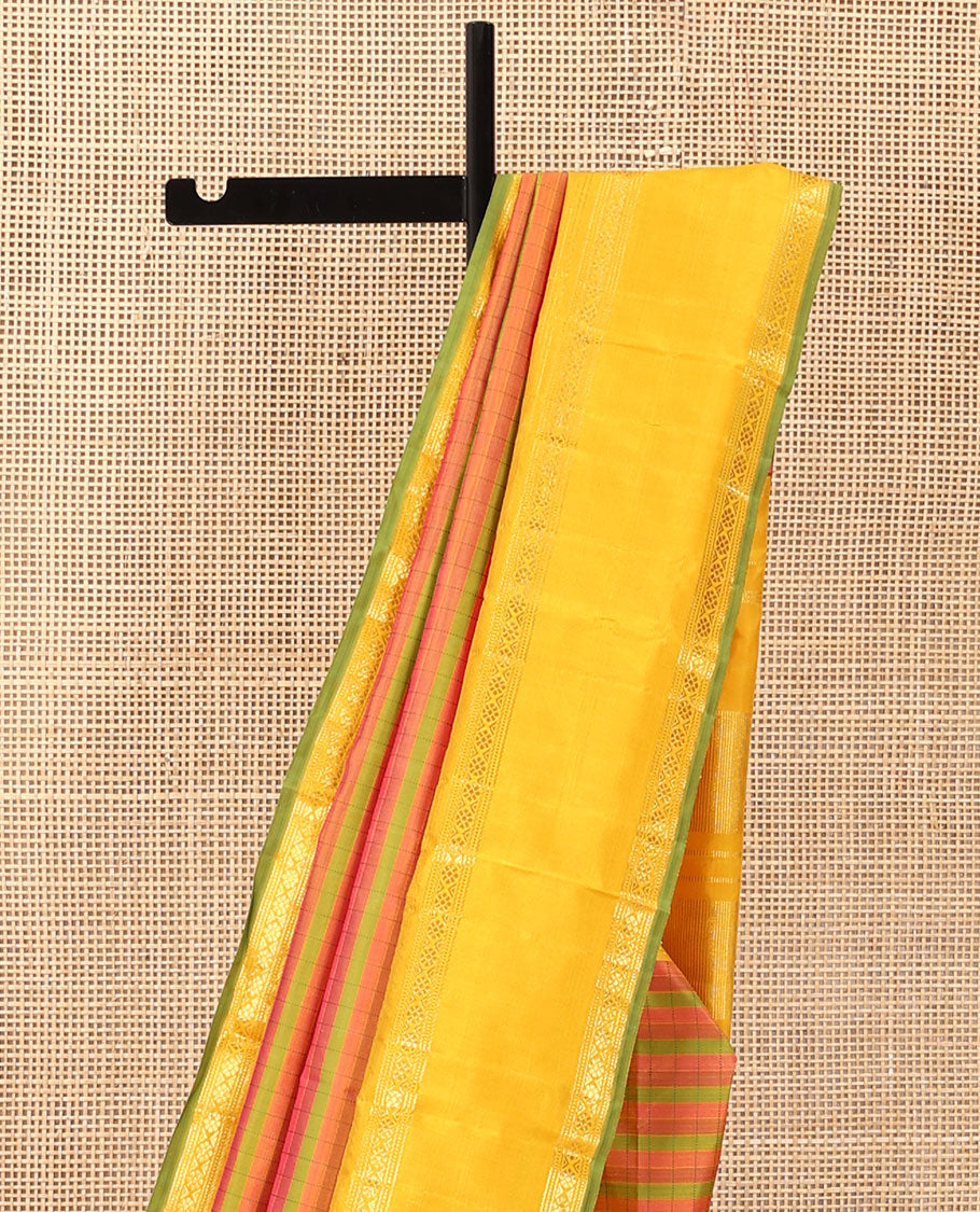 Multi-color striped Kanchipuram silk saree, contrast rettai pettu border of muthu, and laddu kamalm designs, and seppu rekku pallu
