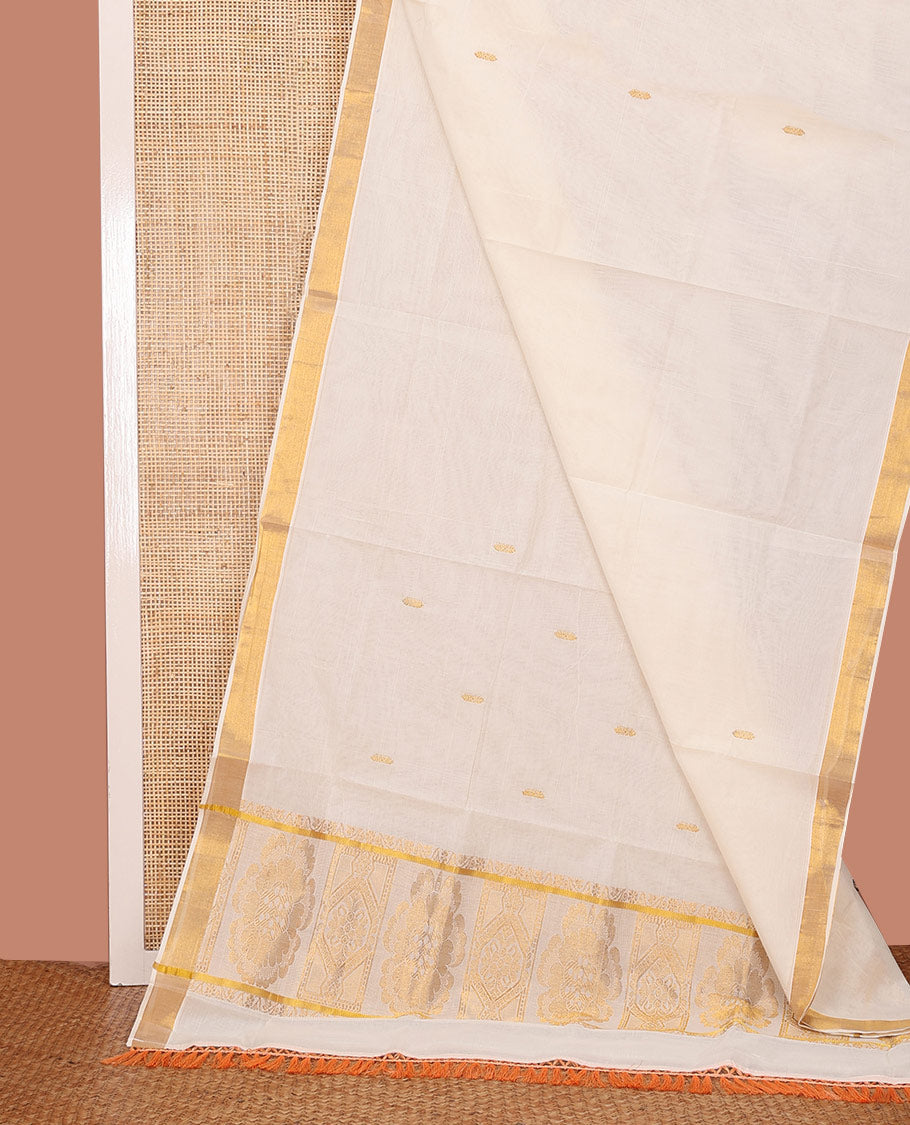 Cream Kerala Saree, Embellished with Zari Buttas on Its Body, Subtly Sparkled Bavanji Border, Gleaming Pallu of Intricate Designs, and Paired with a Matching Blouse