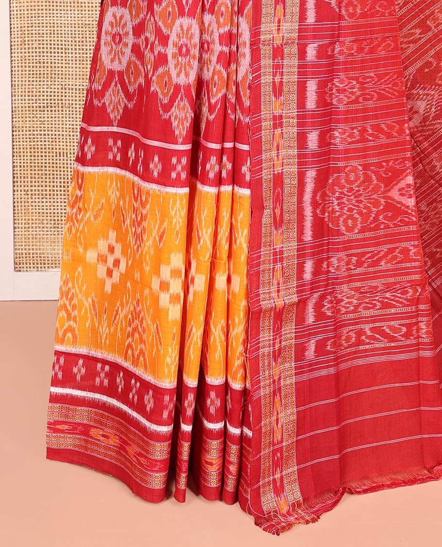 Yellow Odisha Cotton Saree, Delicately Woven with Intricate Designs All Over the Body, Complemented by Contrast Border of Geometric Patterns, Contrast Pallu of Unique Designs in Hazily, and Has No Blouse