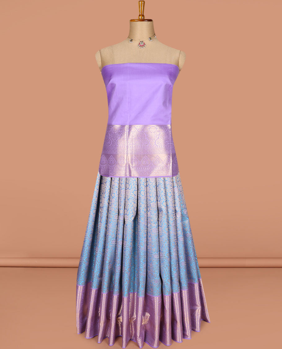 Green pure-silk half-saree, jacquard skirt, contrast blouse, and border of Mughal-style zari designs, and intricate dhavani