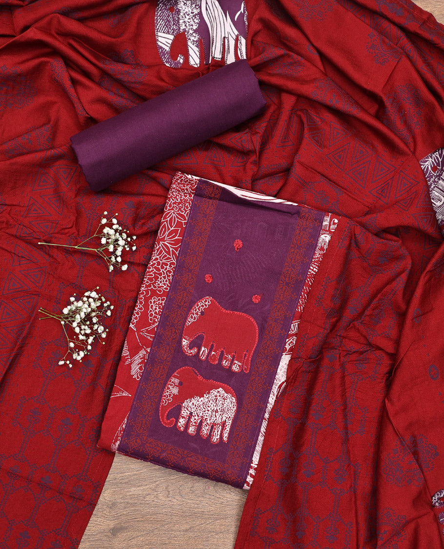 Red Material Chudidar Set, Adorned with Tropical Floral and Building Print and Neck Embroidery on Cotton Top, a Contrast Plain Cotton Bottom, and Paired with a Geometric Printed Matching Cotton Dupatta