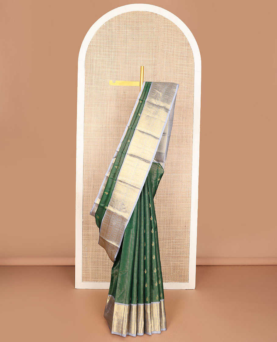 Green zari design vasundhara silk mix saree, contrast border of kathir, zari stripes, manga mokku,poun & kodi visiry & chakram design pallu