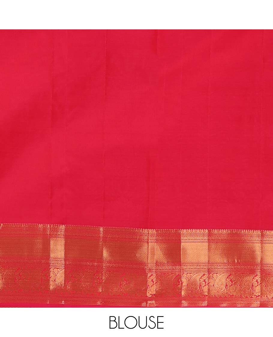 Red jacquard Vasundhara silk mix saree, zari border of thilakam mokku, neli, mayil kann, and mayil designs, and jaal pallu