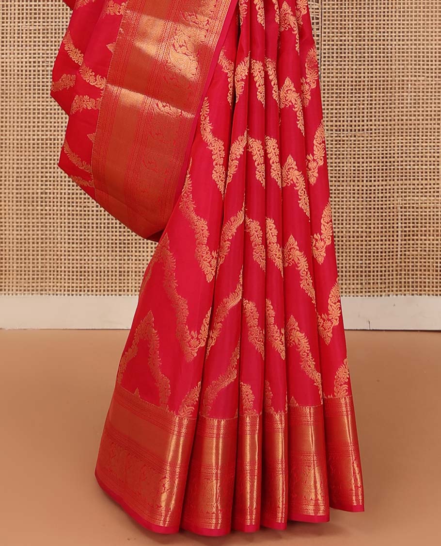 Red jacquard Vasundhara silk mix saree, zari border of thilakam mokku, neli, mayil kann, and mayil designs, and jaal pallu