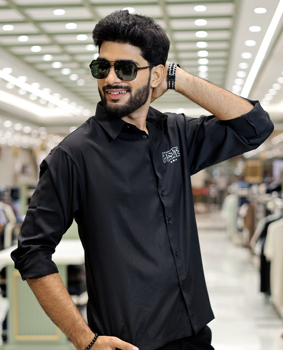 Black Poly-Blended Back Flap Casual Shirt