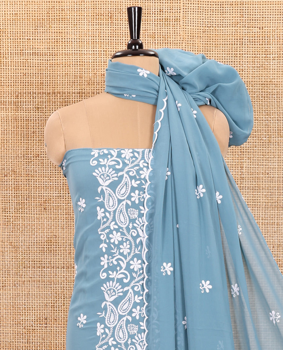 Ferozi Blue Material Chudidar Set Featuring Chikankari-Style Paisley Vine Design, Thread-Embroidered Georgette Top, Subtly Made Plain Santoon Material Bottom, and a Floral Motifs-Embroidered Georgette Scallop-Bordered Dupatta