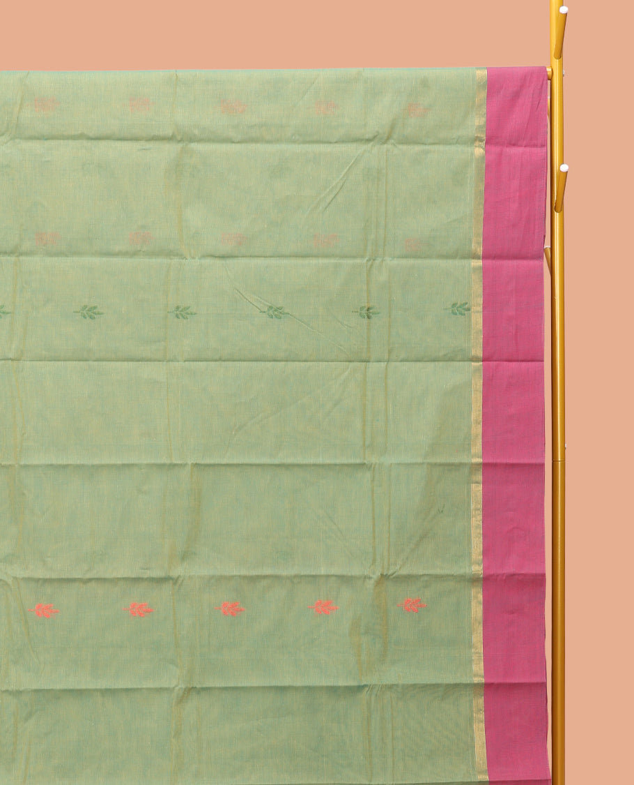 Green Kanchi Cotton Saree, Ornamented with Buttas, Contrast Border, Pallu of Floral Design, and a Matching Blouse