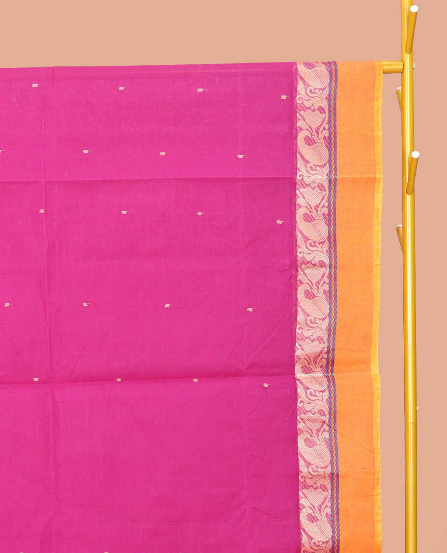 Rani Pink Bengal Cotton Saree, Crafted with Buttas, a Contrast Floral-Paisley Border, Pallu of Stripes and Buttas, and a Matching Blouse