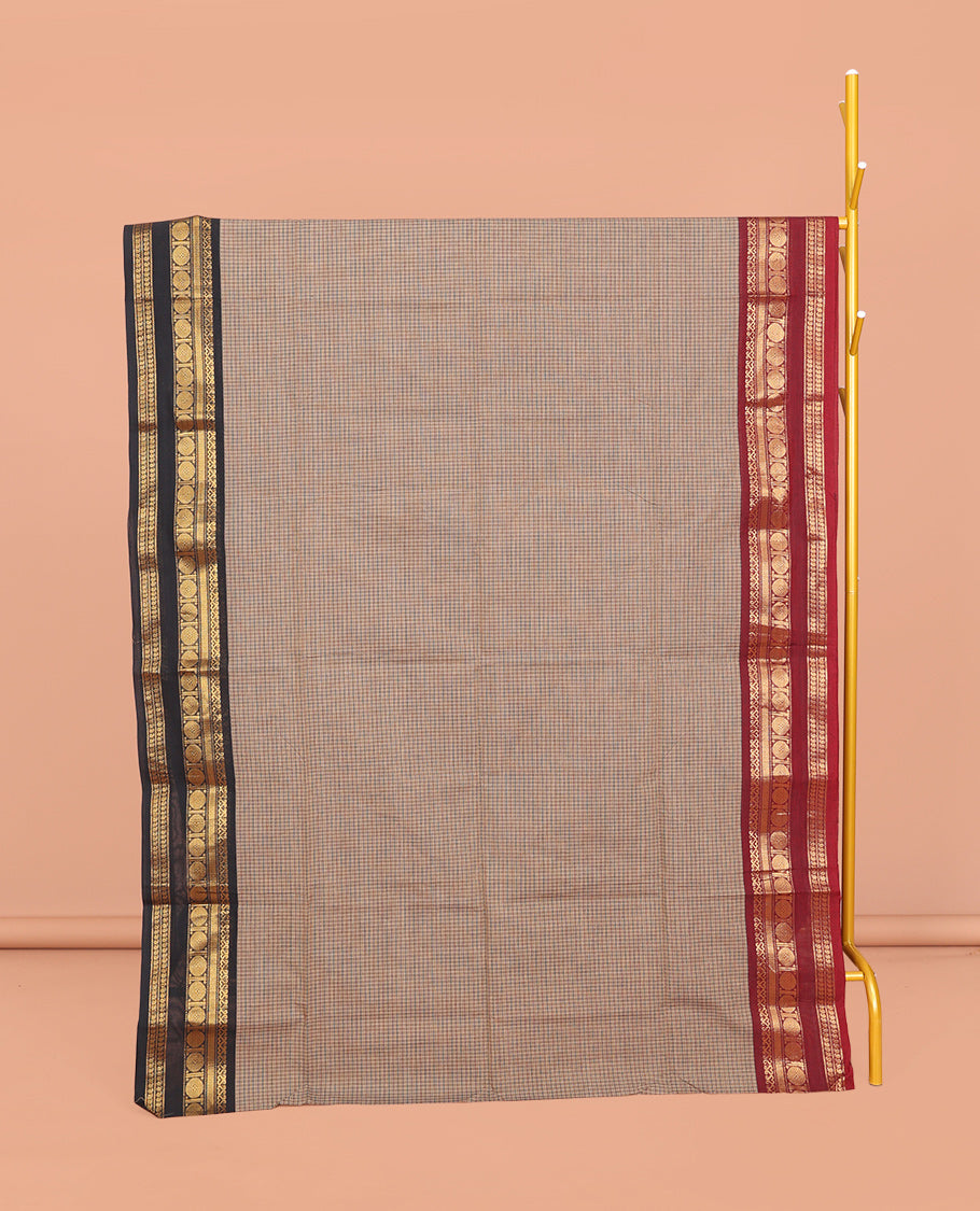 Grey Chettinad Cotton Saree, Subtly Sparkled with Checks, Contrast Rettai Pettu Traditional Rettai Pettu Border, Striped Pallu, and a Matching Blouse