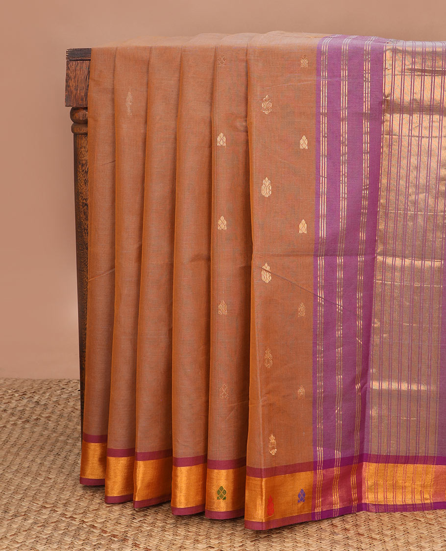Pale brown zari buttas Venkatagiri cotton saree, contrast meena buttas border & pallu of zari stripes