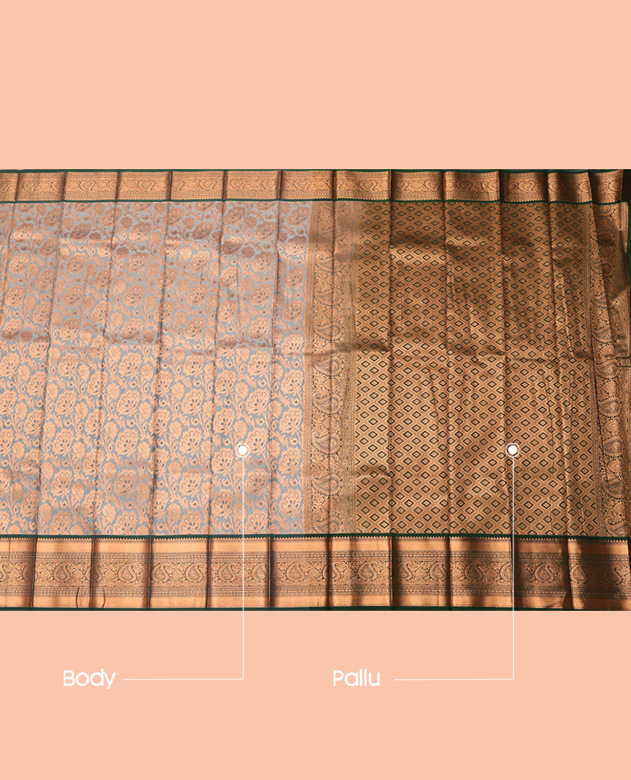Grey Budget Silk Saree, Delicately Woven with Jacquard Design, Contrast Traditional Zari Border, Grand Pallu, and a Contrast Blouse