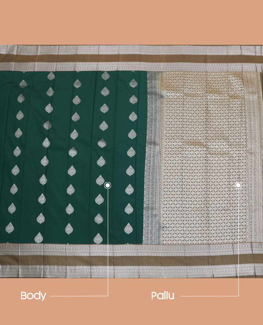 Green Budget Silk Saree, Finely Crafted with Zari Buttas All Over Its Body, Complemented by a Contrast Traditional Zari Rettai Pettu Border, Grand Jaal Pallu, and Paired with a Contrast Blouse