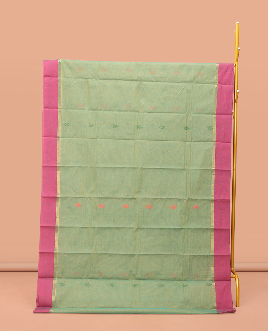 Green Kanchi Cotton Saree, Ornamented with Buttas, Contrast Border, Pallu of Floral Design, and a Matching Blouse