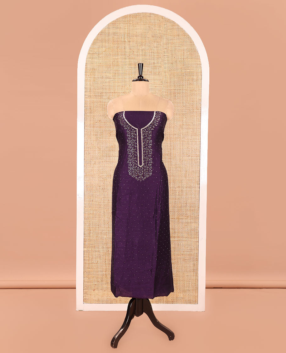 Violet Vichitra Silk Material Churidar Set, Prettified with Swarovski Stone Work and Neck Work Top, Comes with a Plain Santoon Bottom, and Is Paired with Nc Moss Organza Floral Jaal Design Dupatta