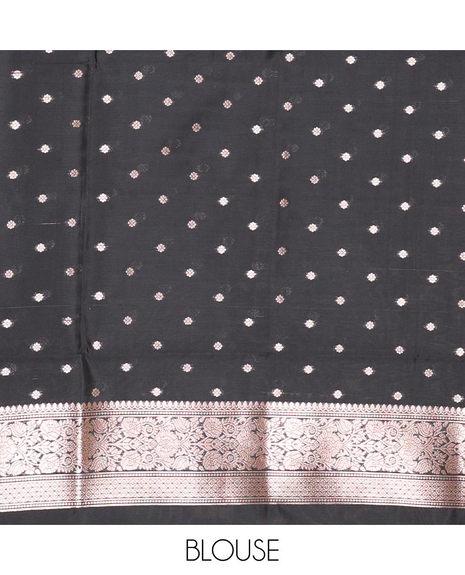 Black Elite Soft Silk Saree, Elevated with Rudraksham Zari Buttas, Traditional Zari Border, Rich Pallu, and a Matching Blouse