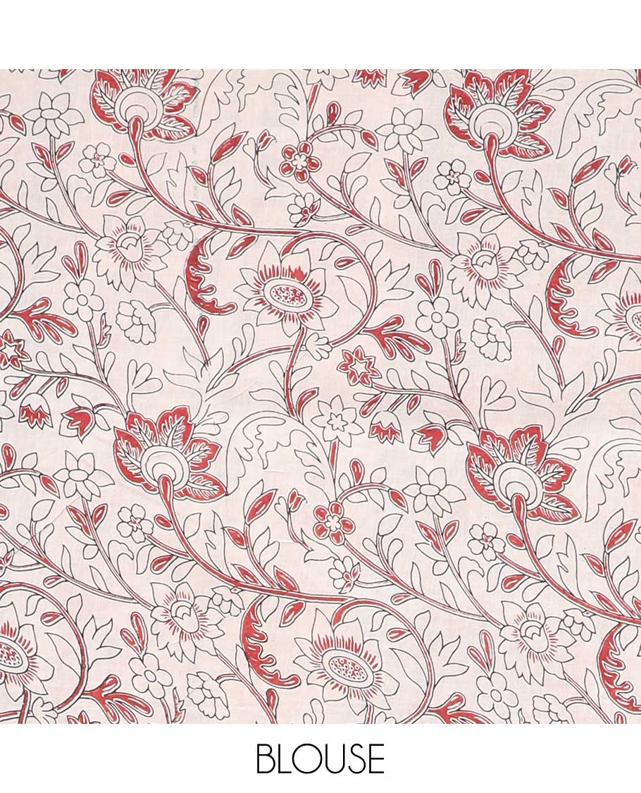Blue floral vine machine-printed kalamkari cotton saree, contrast geometric border & intricate motifs pallu