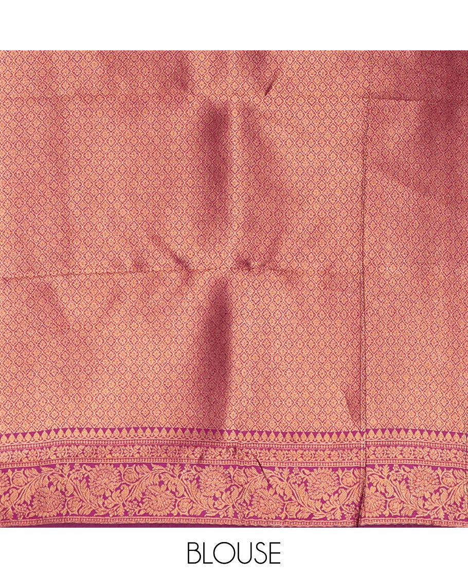 Blue Kanchi Silk Saree Mesmerized with Floral Jacquard Design All Over Its Body, Complemented by a Contrast Traditional Zari Border of Floral Creeper Designs, an Opulently Embellished Pallu, and Paired with a Contrast Jacquard Blouse