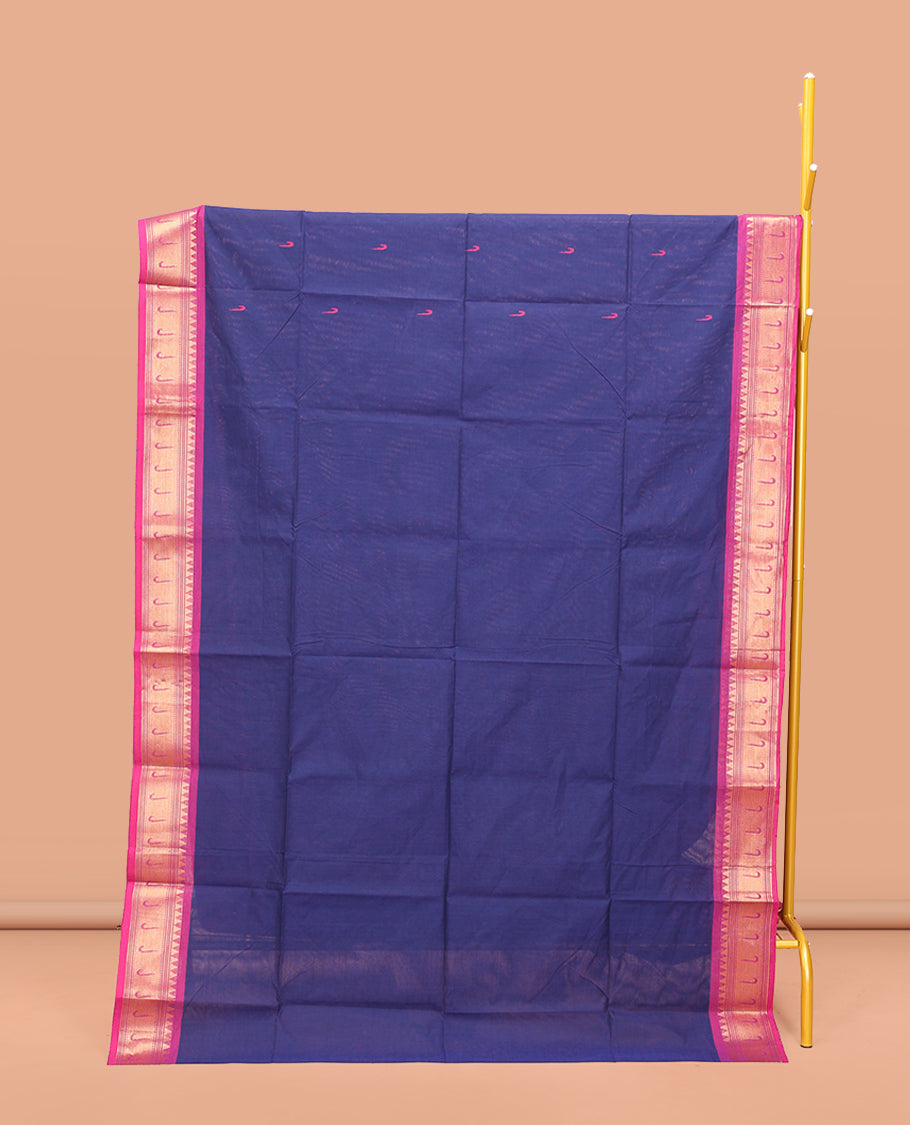 Dark Blue Chettinad Cotton Saree, Steeped with Muniya Buttas On Its Body, Complemented by a Contrast Traditional Muniya Border, Pallu of Stripes, and Paired with a Matching Blouse