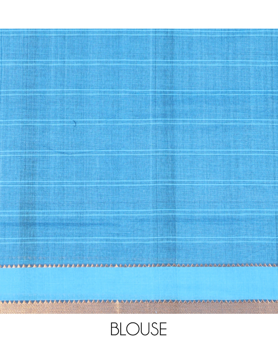 Black Mangalgiri Cotton Saree, Bedecked with Checks on Its Body, Complemented by Contrast Zari Temple Border, Zari-Striped Pallu, and Paired with a Contrast Blouse