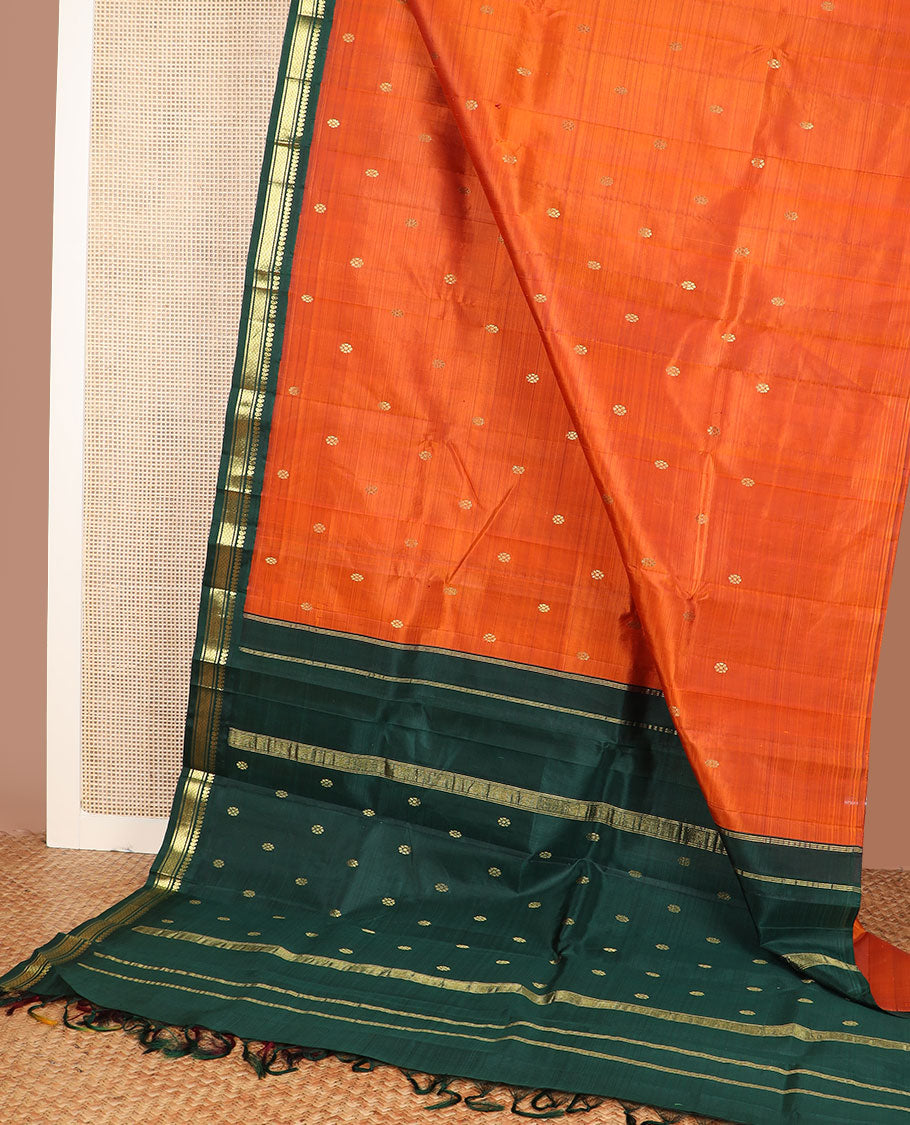 Orange zari buttas kanchipuram silksaree, contrast one-sided border of manga,banaras & mayil kann & zari design pallu
