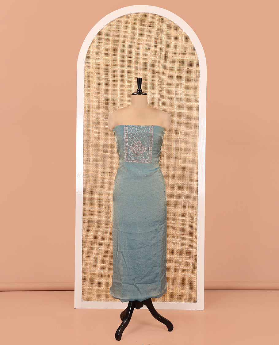 Sea Blue Moss Organza Material Chudidar Set, Finely Crafted with Stonework Top, a Plain Bottom, and Floral Printed Scallop-Stonework Bordered Dupatta