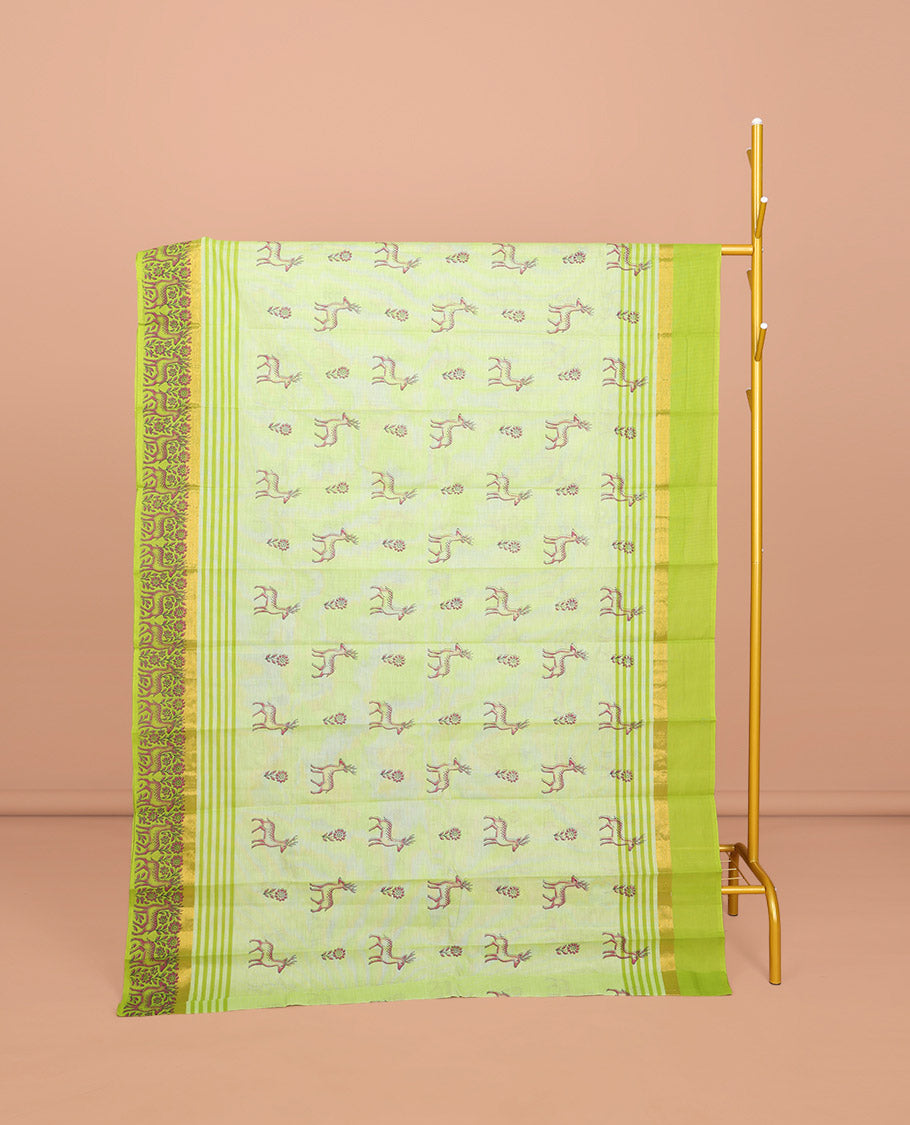 Green Chirala Cotton Saree, Elevated with Floral and Deer Motifs, a Contrast Deer Motifs Border, Striped Pallu, and a Matching Blouse