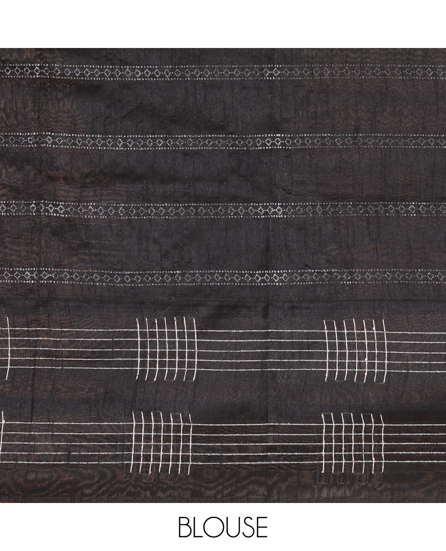 Sea Blue Zari Design Semi-Raw Silk Saree, a Contrast Checked Design Border, a Contrast Pallu, and a Contrast Blouse