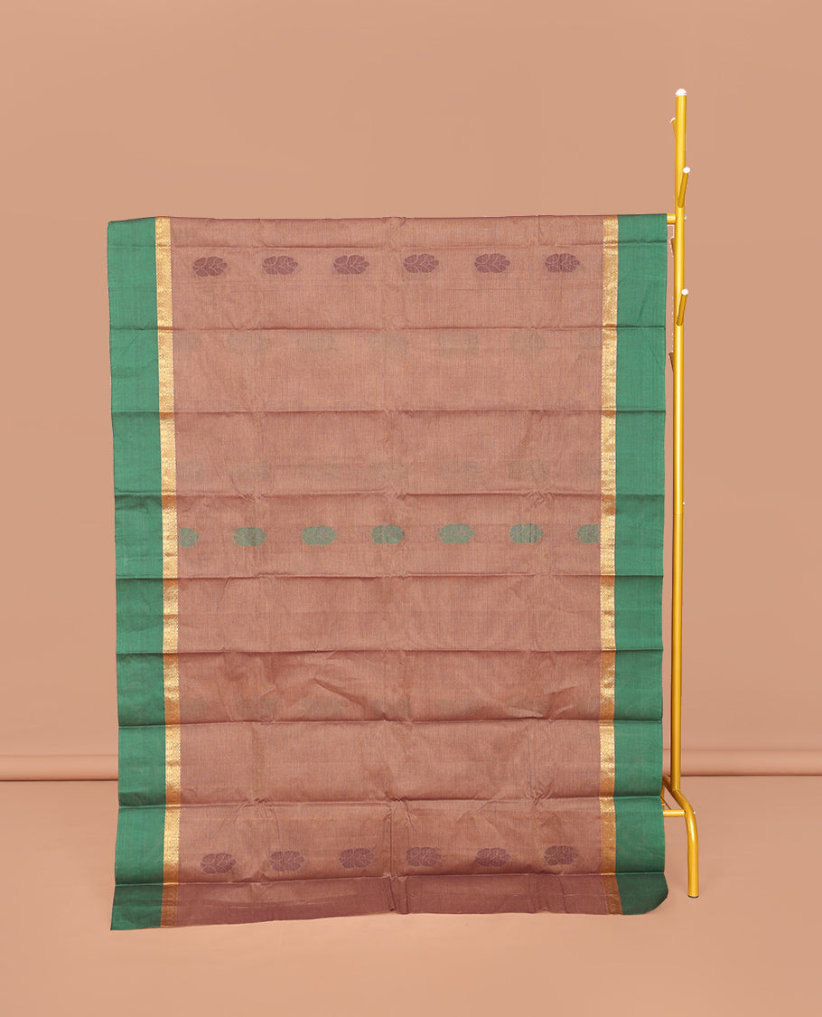Brown Kanchi Cotton Saree, Bedecked with Buttas All Over Its Body, Complemented by a Contrast Border, Pallu of Paisley, Floral and Checks, and Paired with a Matching Blouse