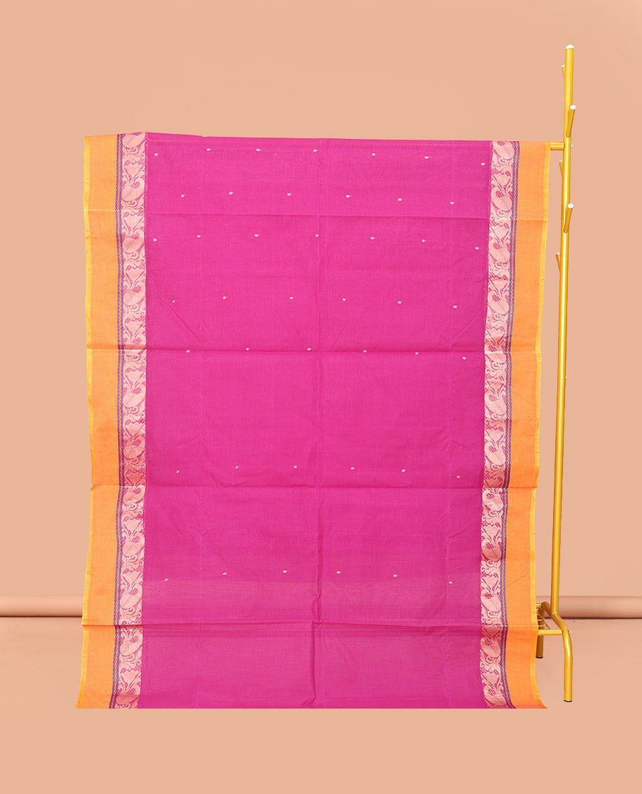 Rani Pink Bengal Cotton Saree, Crafted with Buttas, a Contrast Floral-Paisley Border, Pallu of Stripes and Buttas, and a Matching Blouse