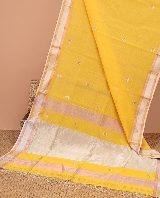 Yellow Maheshwari cotton saree with butterfly buttas, contrast chevron & diamond border & zari striped pallu