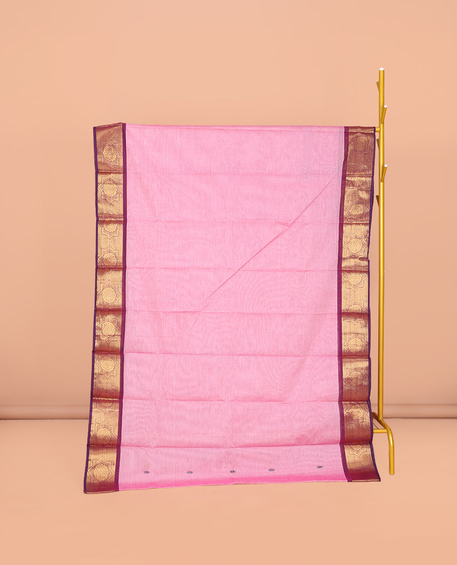 Pink Chettinad Cotton Saree, Subtly Sparkled with Buttas All Over Its Body, Complemented by Contrast Traditional Zari Design Border, Pallu of Stripes and Buttas, and Paired with a Matching Blouse