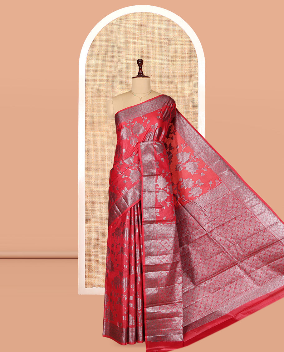 Red Tusser Silk Saree, Decorated with Floral Jaal Jacquard Design, a Zari Border, Intricate Pallu, and a Matching Blouse