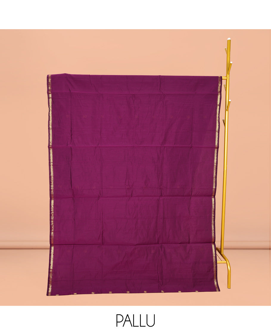 Purple Maheshwari Cotton Saree, Ornamented with Buttas All Over Its Body, Subtle Zari Piping Border, Complemented by a Contrast Pallu Steeped with Buttas, and Paired with a Contrast Blouse