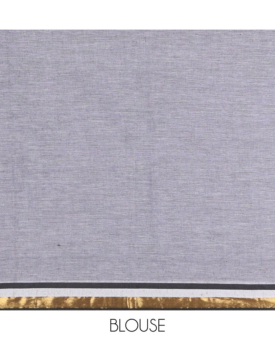 Grey and Black Khadi Mul Cotton Saree, Beautifully Bedecked with Double-Color Half-And-Half-Style Jamki Work, Complemented by Contrast Zari Border, and Paired with a Matching Blouse