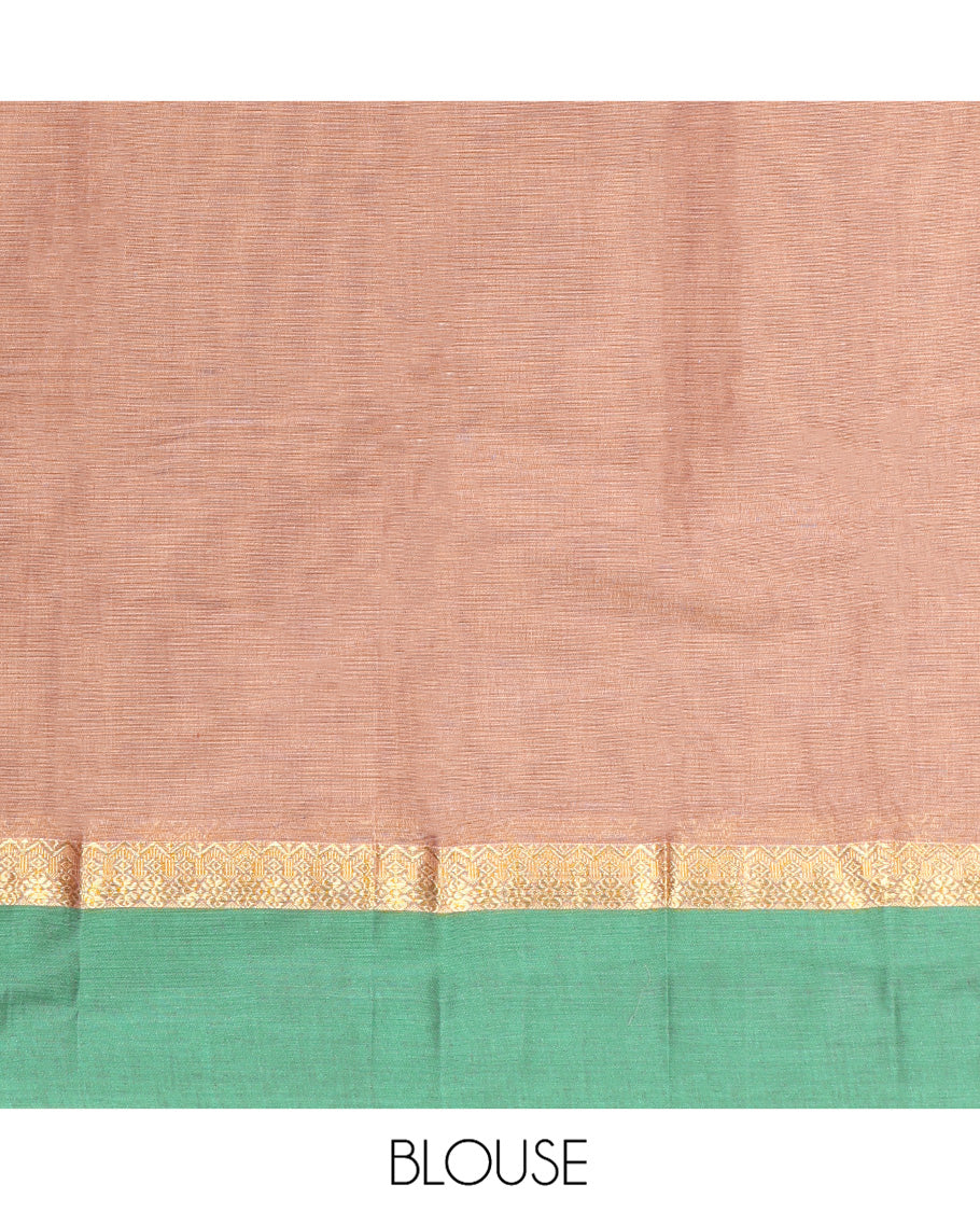 Brown Kanchi Cotton Saree, Bedecked with Buttas All Over Its Body, Complemented by a Contrast Border, Pallu of Paisley, Floral and Checks, and Paired with a Matching Blouse