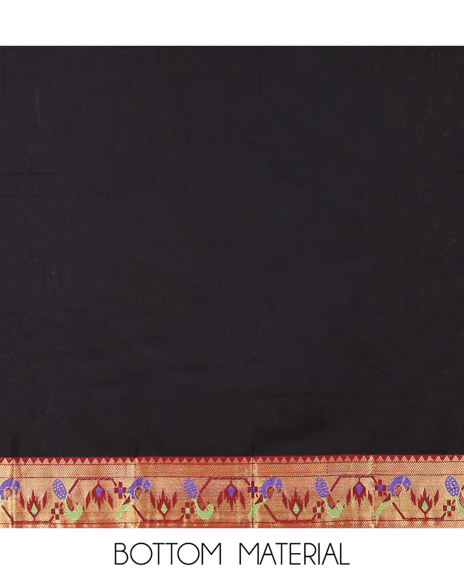 Black Mercerised Cotton Material Chudidar Set, Mesmerized with Paithani Bordered Top, a Mercerised Cotton Bottom, and Paired with a Matching Mercerised Cotton Paithani Bordered Dupatta