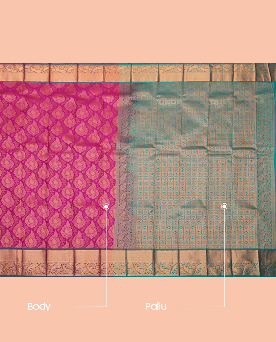 Pink Budget Silk Saree Features Jacquard Design, Complemented by a Contrast Traditional Zari Border, Grand Pallu, and Contrast Blouse