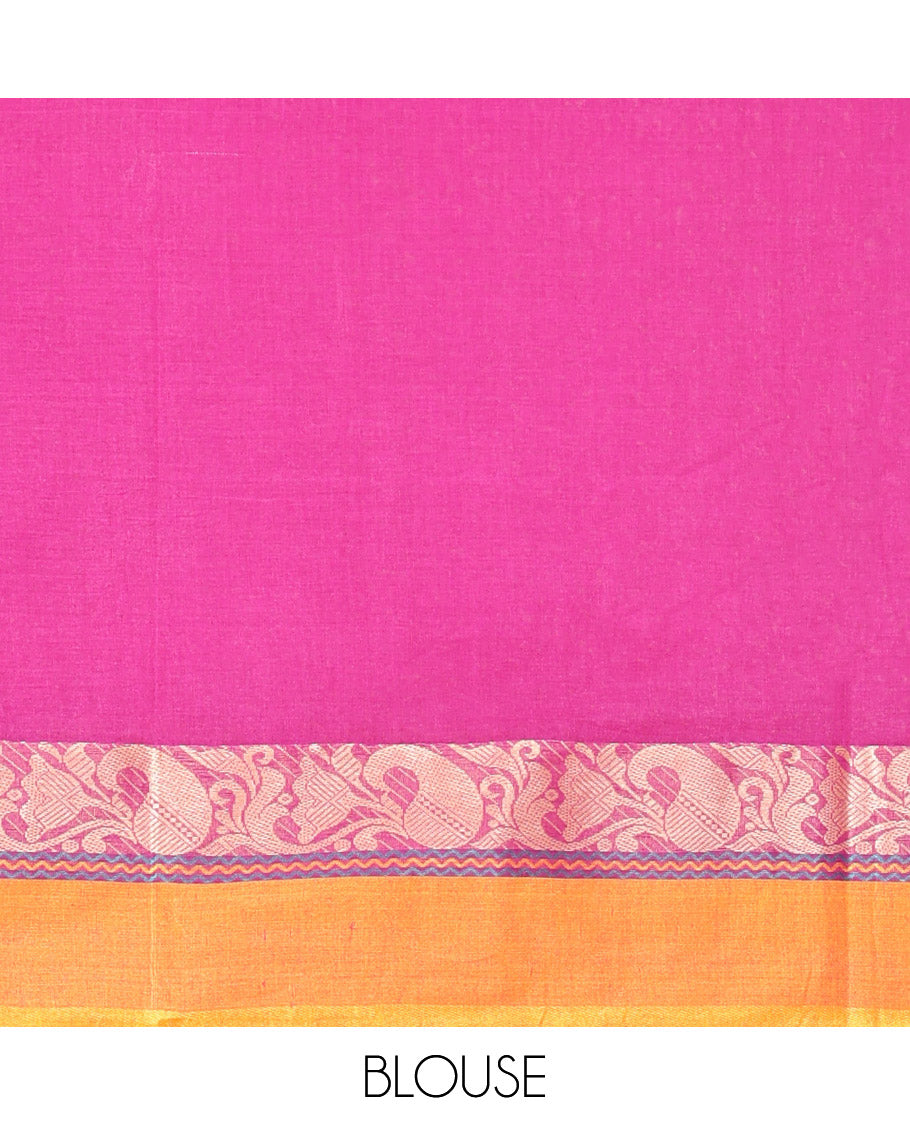 Rani Pink Bengal Cotton Saree, Crafted with Buttas, a Contrast Floral-Paisley Border, Pallu of Stripes and Buttas, and a Matching Blouse