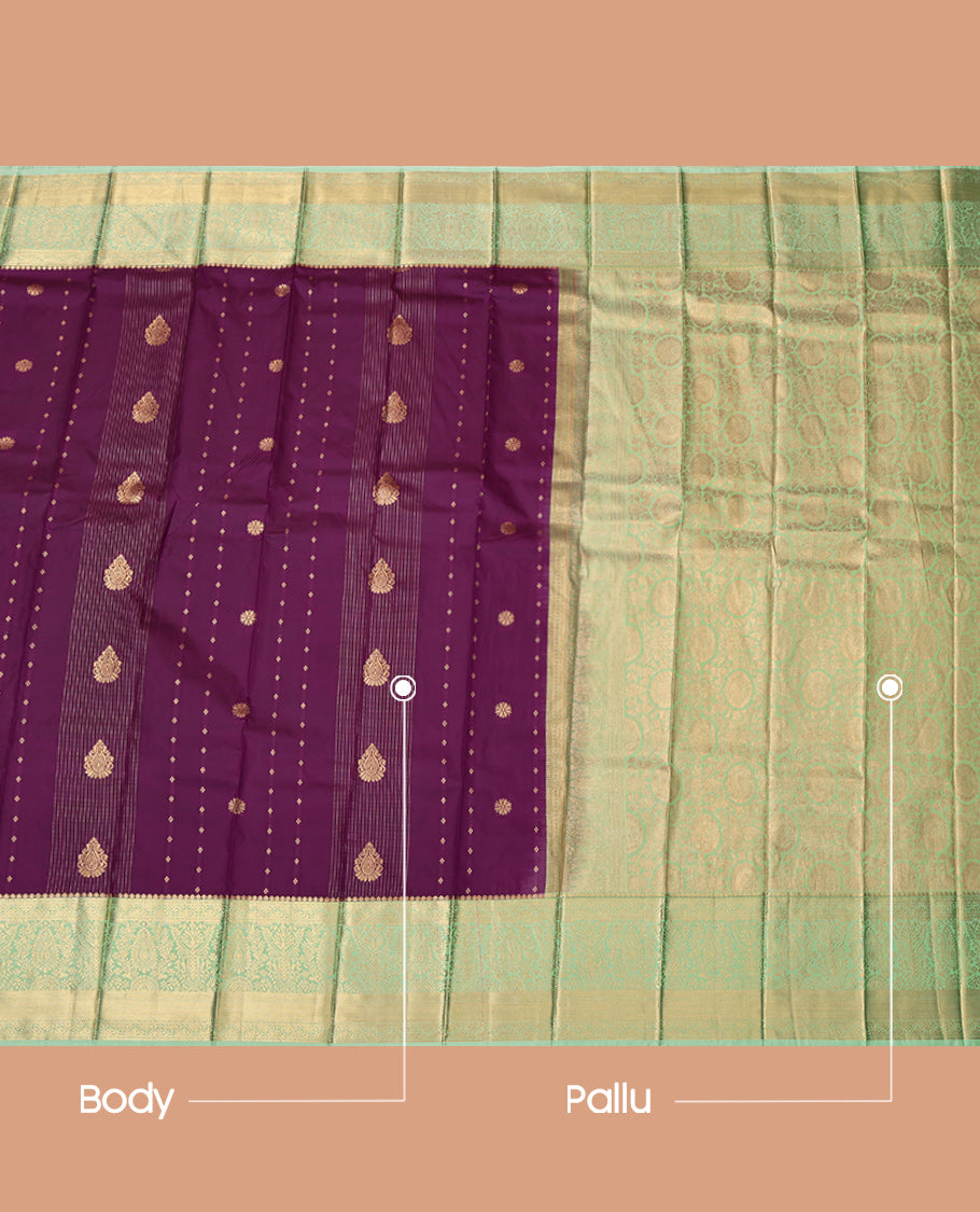 Wine Budget Silk Saree, Enriched with Zari Buttas and Stripes, Complemented by Contrast Traditional Zari Border, Grand Pallu and a Contrast Blouse