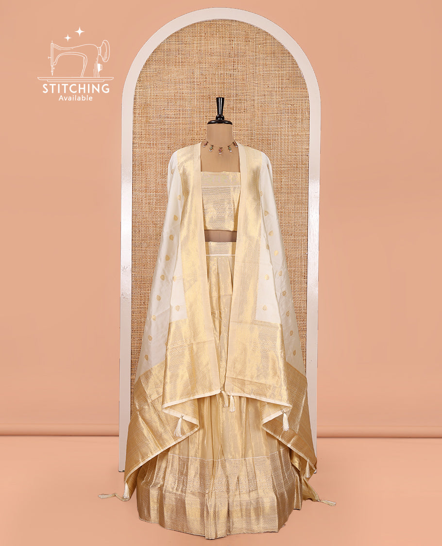 Gold Half-Saree Set Featuring Golden Tissue-Silk Skirt, Traditional Zari Border, Matching Blouse, Semi-Banarasi Dhavani
