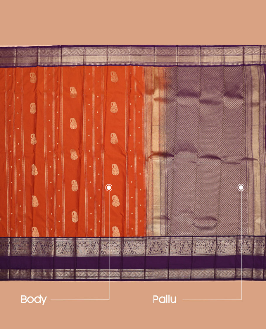 Rust Budget Silk Saree, Elevated with Zari Buttas and Stripes on Its Body, Complemented by a Contrast Traditional Zari Border of Gandaberunda Designs, Jaal Pallu, and Paired with a Contrast Blouse