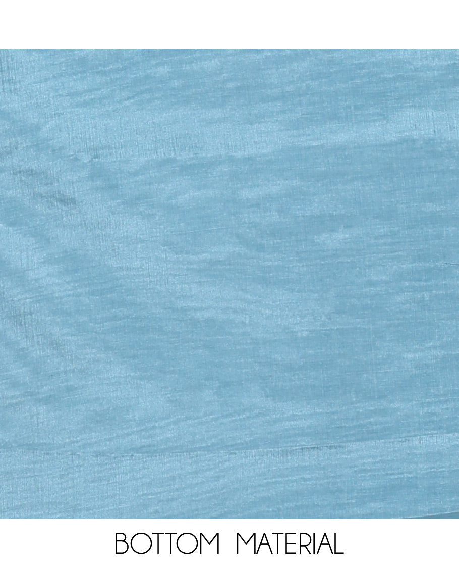 Ferozi Blue Material Chudidar Set Featuring Chikankari-Style Paisley Vine Design, Thread-Embroidered Georgette Top, Subtly Made Plain Santoon Material Bottom, and a Floral Motifs-Embroidered Georgette Scallop-Bordered Dupatta