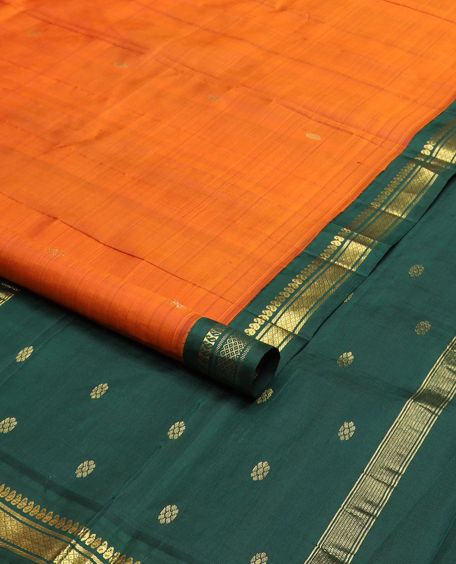 Orange zari buttas kanchipuram silksaree, contrast one-sided border of manga,banaras & mayil kann & zari design pallu