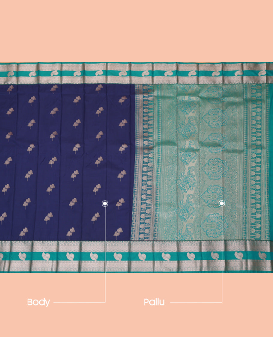 Navy Budget Silk Saree, Woven with Zari Buttas, Complemented by a Contrast Traditional Zari Border, Grand Pallu, and a Contrast Blouse