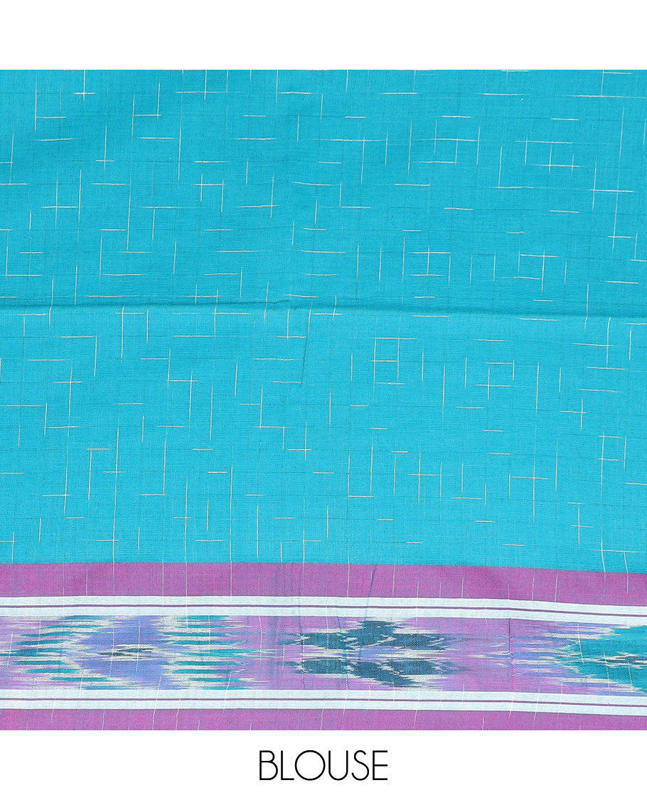 Blue checked design ikkat cotton saree with floral design border & floral design pallu